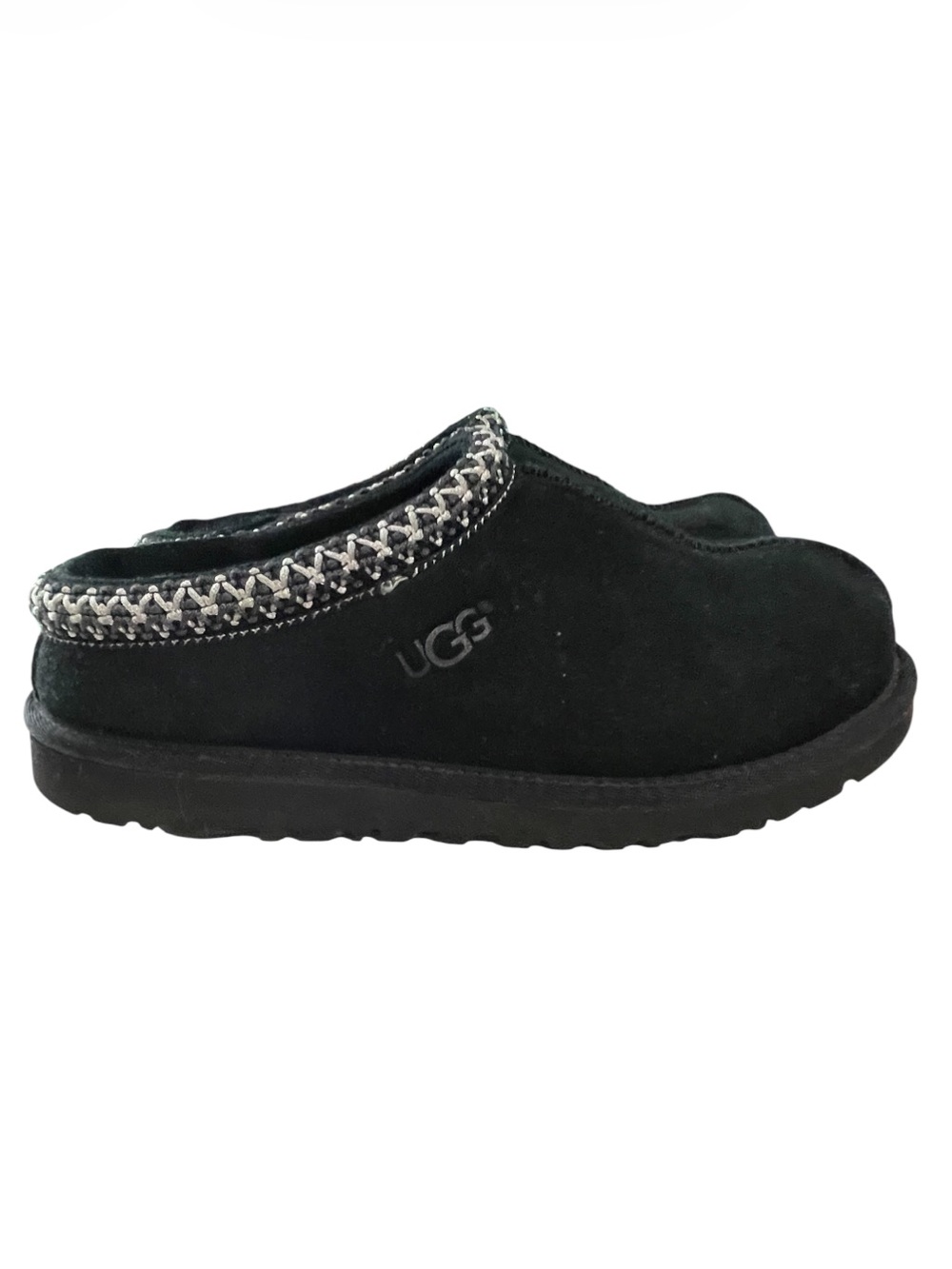 UGG Black Suede Slip-On Clog with Woven Trim